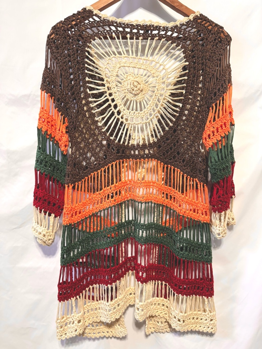 NOBLITA Crochet Fringe Duster Boho Festival Southwestern Open Knit - Picture 4 of 7